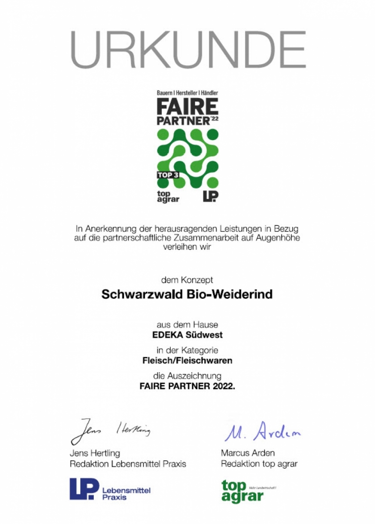 Fairtrade Urkunde / Schwarzwald Bio Weiderind